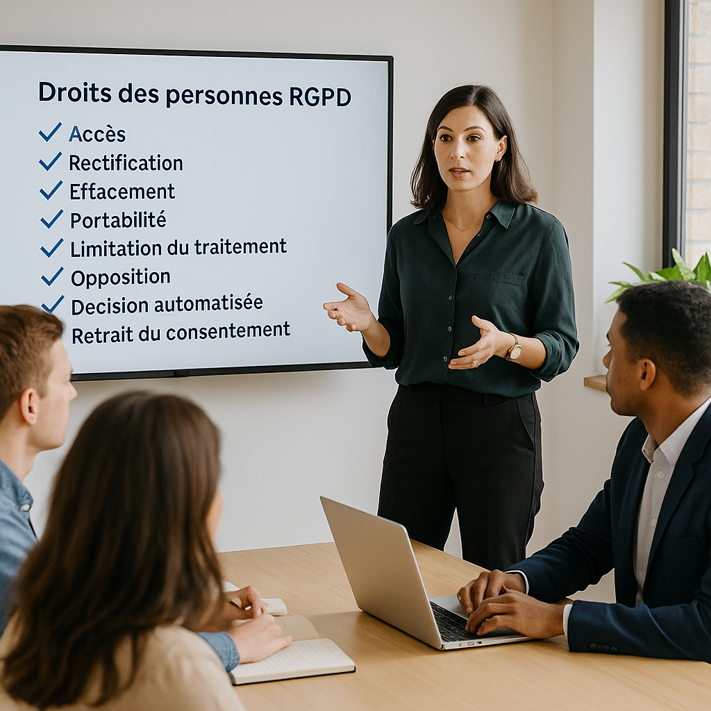 Photographie d’une présentation en entreprise sur les droits des personnes RGPD, avec un intervenant expliquant la protection des données à un groupe de collaborateurs dans une salle de réunion.