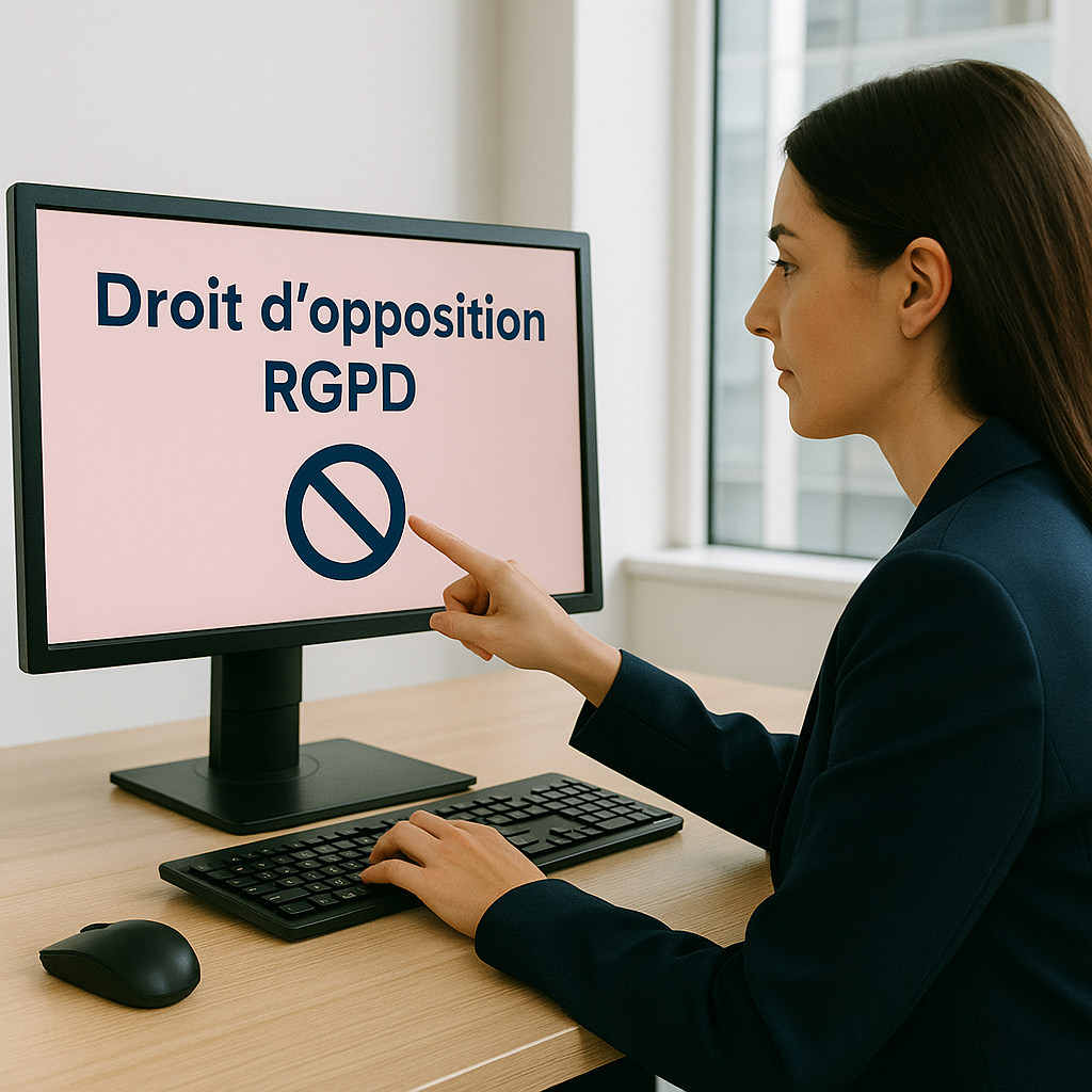 Femme lisant un document sur le droit d’opposition RGPD dans un bureau.