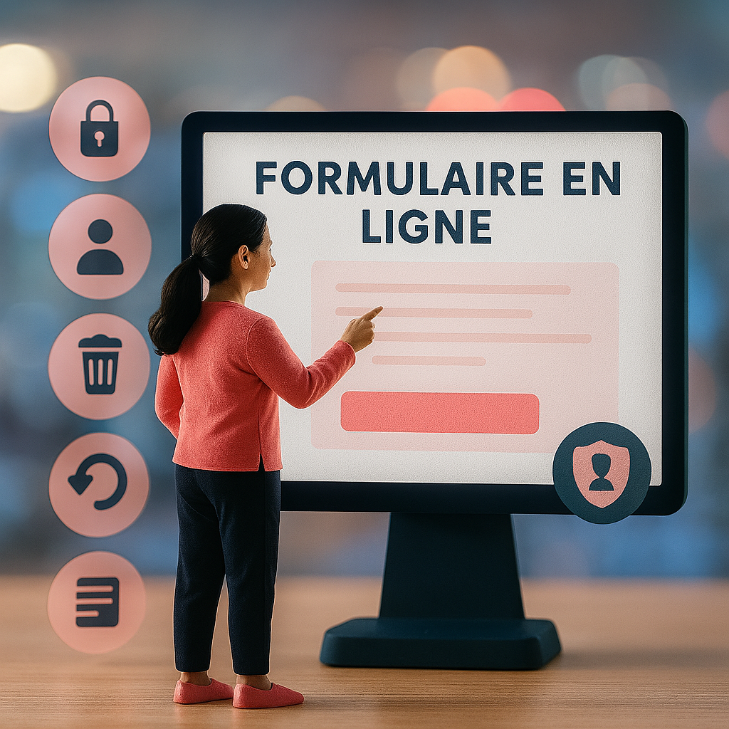 Illustration d'une femme utilisant un formulaire en ligne sur un écran d'ordinateur pour exercer ses droits RGPD, avec des icônes symbolisant la protection des données, l'accès, la suppression, la rectification et la portabilité.