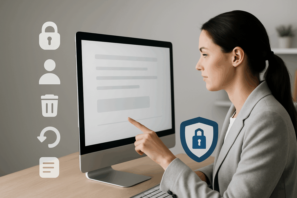 Femme en tenue professionnelle utilisant un ordinateur pour consulter un formulaire en ligne, avec des icônes de sécurité et droits RGPD.